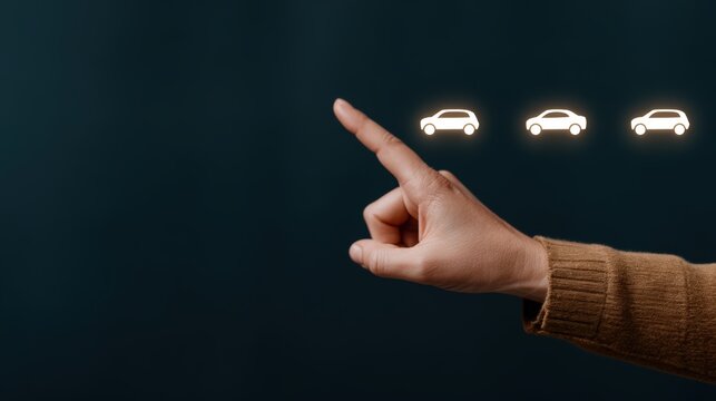 A person"s hand is pointing at digital icons of three cars, symbolizing selection or interaction with automotive technology or services.