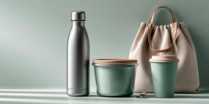 Reusable eco friendly lunch essentials with stainless steel water bottle, food container, coffee cup and tote bag