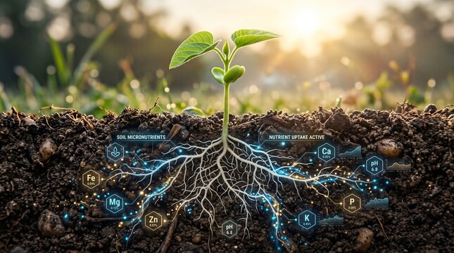 Small green plant with roots showing soil nutrients and minerals absorption in a sunny garden