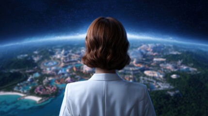 Fototapeta premium A person in a white coat gazes over a glowing, futuristic Earth from space, blending technology, science, and exploration themes.