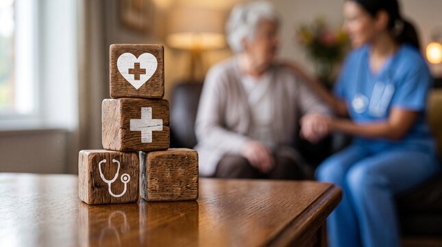 Wooden blocks with medical icons on a table with a nurse and elderly patient in the background