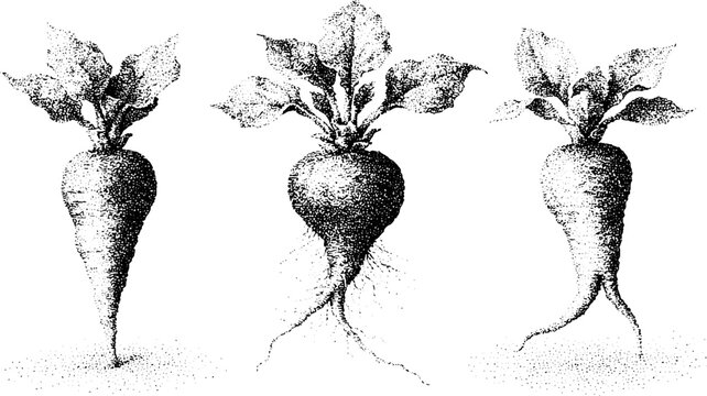 Vintage stipple mandrake root set with anthropomorphic forms for herbal label design and occult poster background with botanical detail