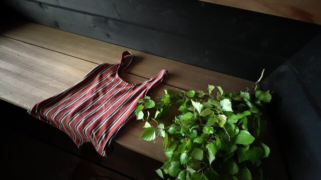 Traditional Finnish sauna interior with a fresh birch whisk and striped swimsuit on a wooden bench, summer wellness and relaxation concept