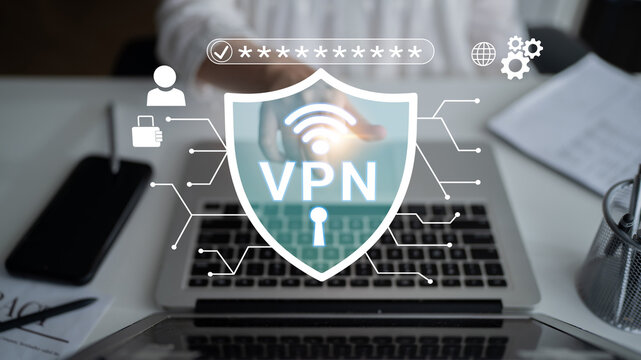Secure VPN Connection Symbol Overlaying Laptop for Digital Privacy and Online Security in Modern Workspace Environment Haptic.