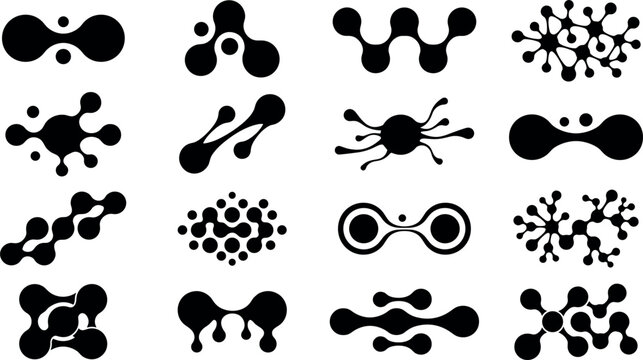 Liquid blob and micro biology flat vector shape bundle including dynamic connected circles bio chemical dots abstract logotype components and tech branding elements