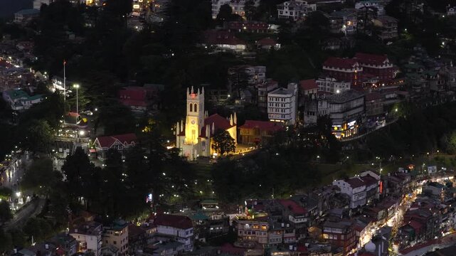 Aerial Night View of Christ Church and The Ridge in Shimla Himachal Pradesh India
