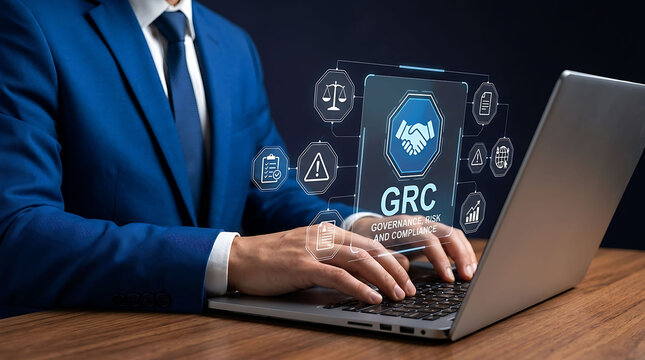 Businessman using laptop for GRC governance risk and compliance management