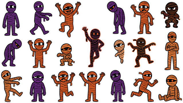 Set of cute cartoon mummies in various poses and expressions, halloween characters, vector illustration