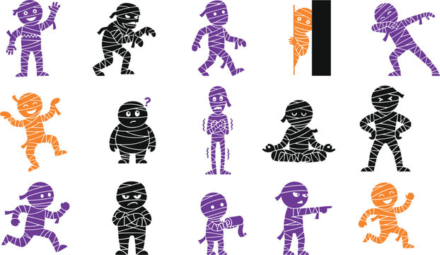 Set of mummy characters in different poses, halloween cartoon mummies collection, funny wrapped monsters