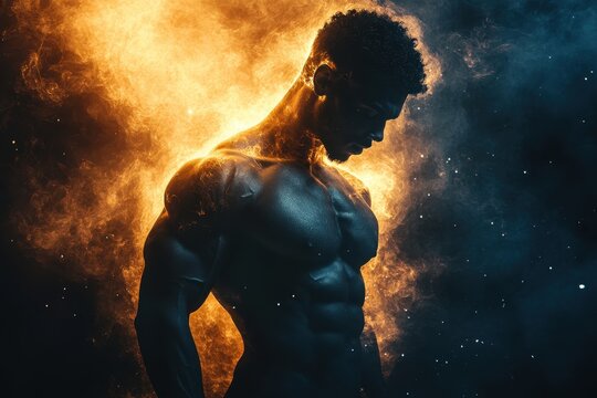 Strong male athlete posing against a dramatic background of fire and smoke showcasing physical fitness and determination in a powerful display of strength