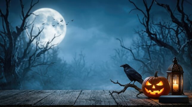 Spooky happy halloween scene jack o' lantern raven and full moon for festive fall decorations