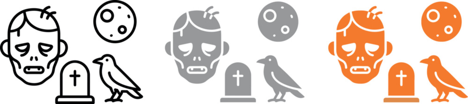 Halloween zombie head, full moon, tombstone and crow icons set