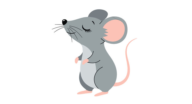 Cute gray mouse standing on its hind legs with large pink ears and a long tail in a simple cartoon illustration style.