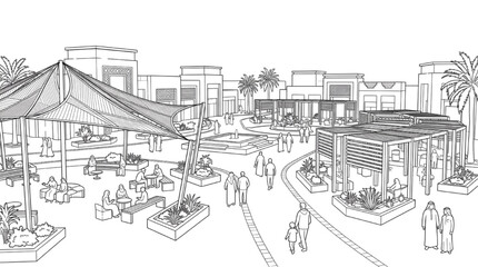 Obraz premium Tensile Shade Canopy Urban Plaza Perspective Illustration