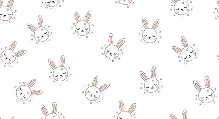Obraz premium Adorable seamless pattern featuring cute bunny heads with closed eyes and small stars on a clean white background for children.