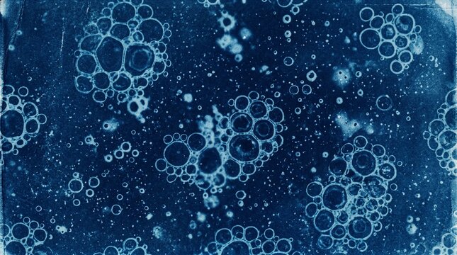 Vintage cyanotype print texture with abstract soap bubbles and cell clusters, Prussian blue grunge background art