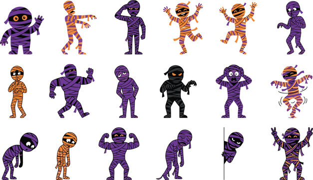 Set of cute mummy characters in different poses, halloween cartoon mummies in bandages, funny monsters for holiday design
