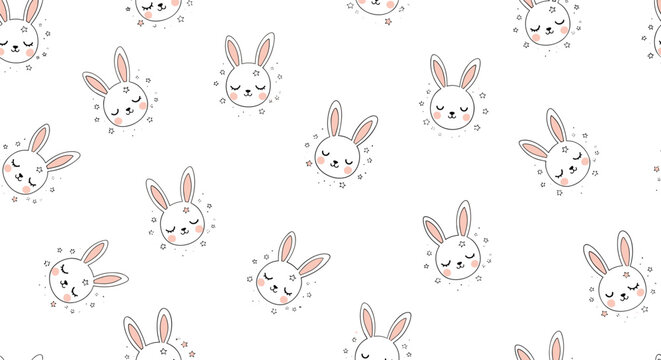 Adorable seamless pattern featuring cute bunny heads with closed eyes and small stars on a clean white background for children.