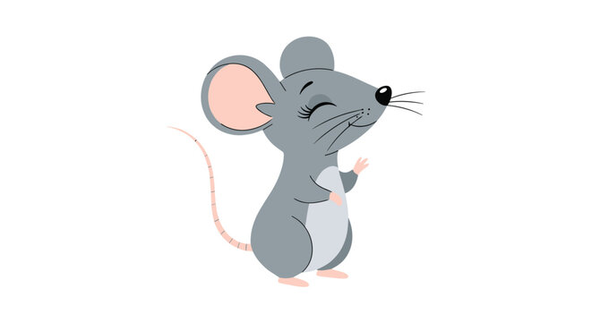Sweet little grey mouse standing on its hind legs and smiling with its eyes closed in a simple cartoon character illustration.