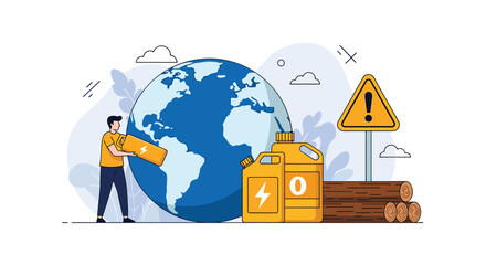 Naklejka premium Concerned man holding battery near globe, fuel canister, and wooden logs illustrating global energy crisis warning.