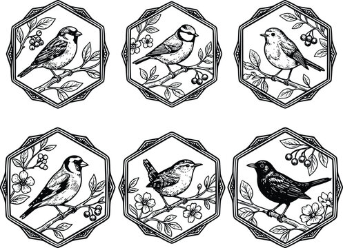 Vintage songbirds and floral branches in octagonal frames sketch vector icon set containing sparrow, tit, robin, goldfinch, wren, and blackbird linocut illustrations.