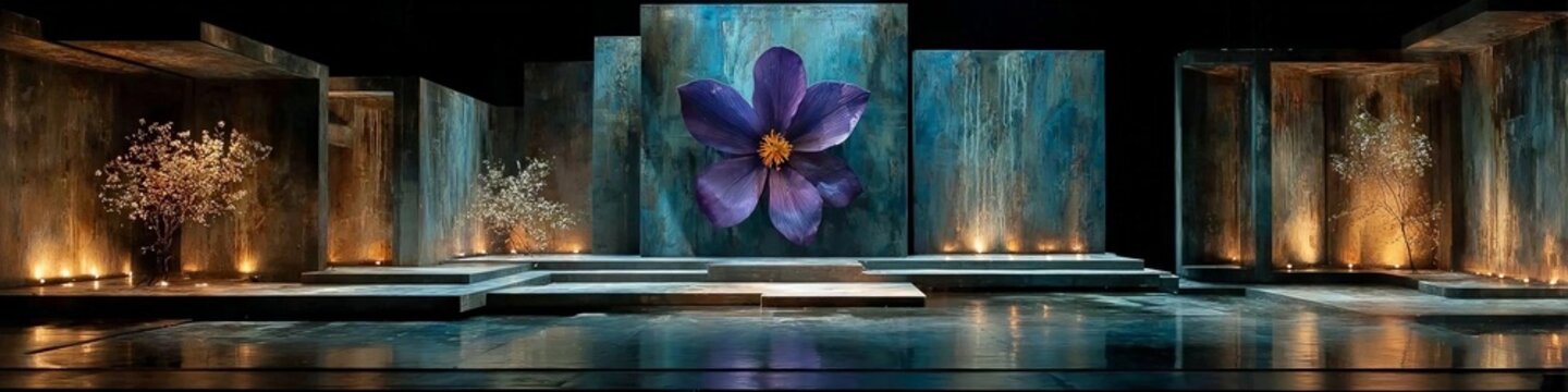 A dramatic 3D-rendered stage with a large purple flower centerpiece, glowing panels, and reflective flooring.