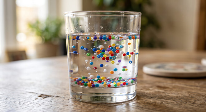 Colorful floating spheres suspended in a clear glass of water