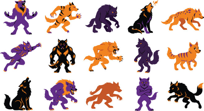 Set of werewolf characters, monsters, and wolves in various poses, dynamic action stances, and aggressive expressions, vector illustration