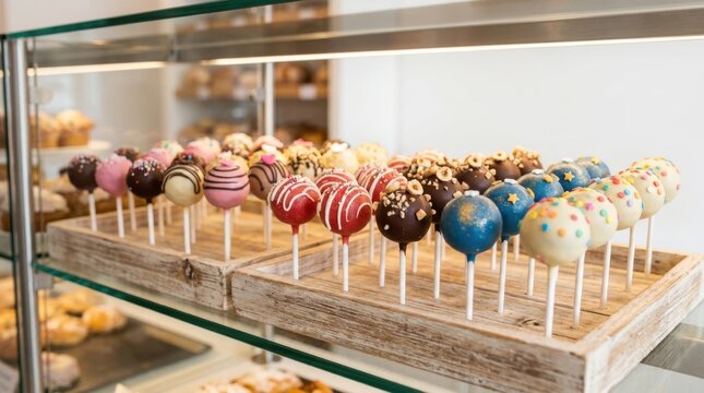 Assorted colorful cake pops with chocolate glaze and toppings displayed in a glass bakery case for sale to customers