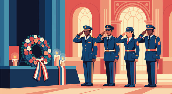 Military officers in blue dress uniforms saluting solemnly during memorial service with memorial wreath and candles.