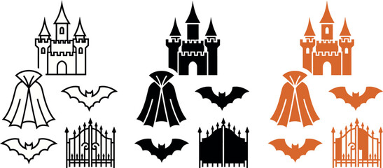 Fototapeta premium Halloween vampire theme set with castle, cape, gate, and bats