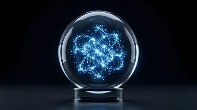 A transparent glass orb displaying glowing atomic particle trails, representing quantum physics, atomic energy, scientific research, and futuristic technology visualization.

