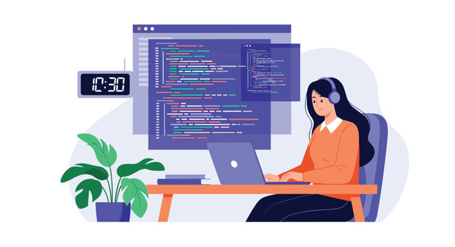 Smart female software engineer writing code on laptop under digital screen with program codes in modern office.