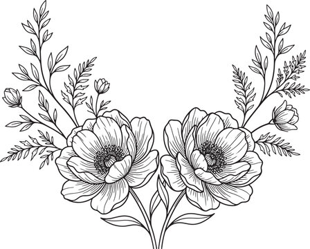 Hand drawn floral arrangement with blooming peonies and foliage branches in a classic black ink sketch style