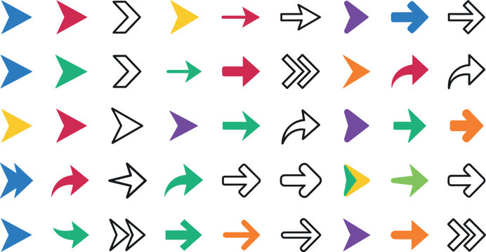Colorful arrow vector icon set featuring modern pointer direction indicators next forward return redo refresh navigation signs and web user interface buttons