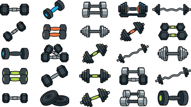 Gym fitness equipment vector icon set featuring colorful dumbbells barbells weight plates adjustable weights and bodybuilding workout tools for strength training