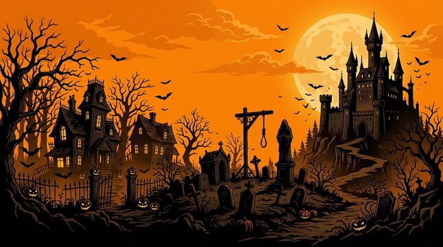 Spooky halloween landscape with haunted castle and graveyard