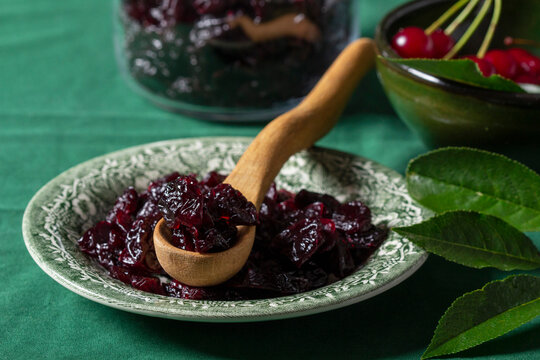 Dried and Fresh Cherries from Moldova in Rustic Food Still Life