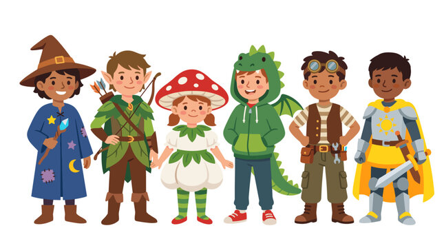 Diverse children dressed as fantasy characters including wizard elf mushroom dragon inventor and knight