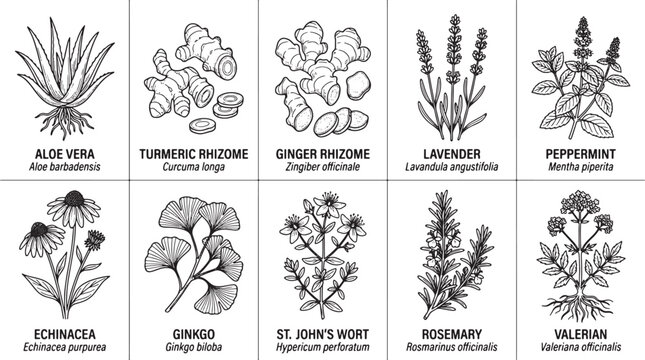Set of hand drawn medicinal herbs and roots with botanical names in a vintage sketch style vector