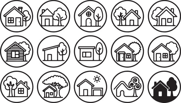 Black and white of houses and animals cottage barn farm tree