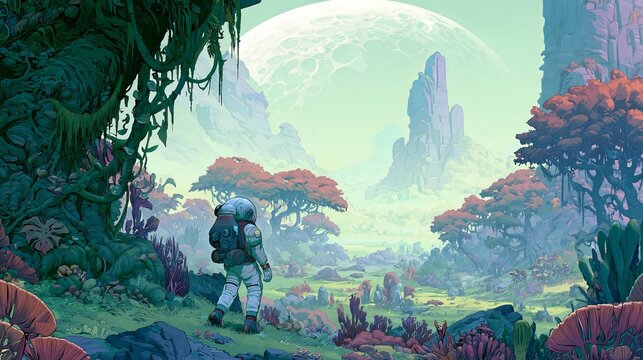 Space explorer treads alien ground.