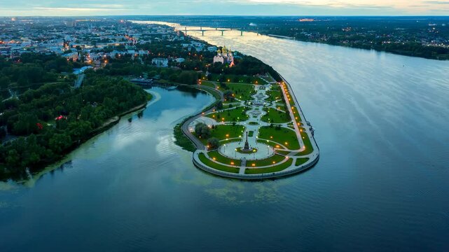 Yaroslavl, Russia. Park arrow. Evening lights, time after sunset, Drone footage Hyperlapse
