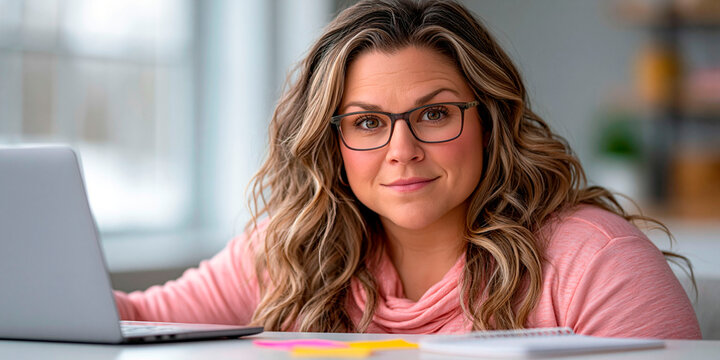 Confident mature woman wearing glasses working on laptop at home with notebook, representing remote work and professional lifestyle