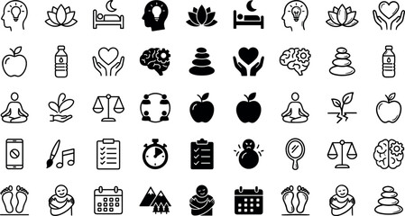 Fototapeta premium Mental health and wellness vector line icon set featuring mindfulness meditation self care yoga healthy lifestyle stress management psychology and emotional well being symbols