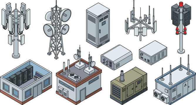 Set of isometric telecommunications and network tower infrastructure vector icons and elements