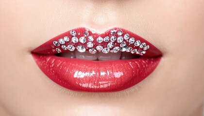 Fototapeta premium Glamorous red lips decorated with shiny diamond crystals.