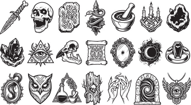 Gothic occult magic icons and spooky witch witchcraft elements black and white outline vector illustration tattoo set.