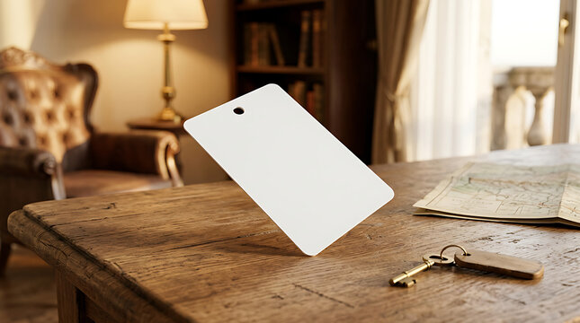 Blank White Tag and Key Resting on an Old Wooden Table with Map and Bookshelf Background