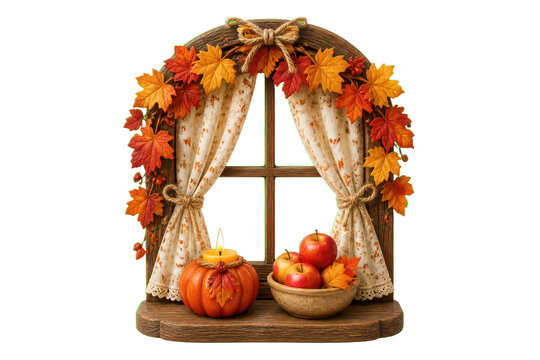 Rustic autumn window with pumpkin candle and apples
